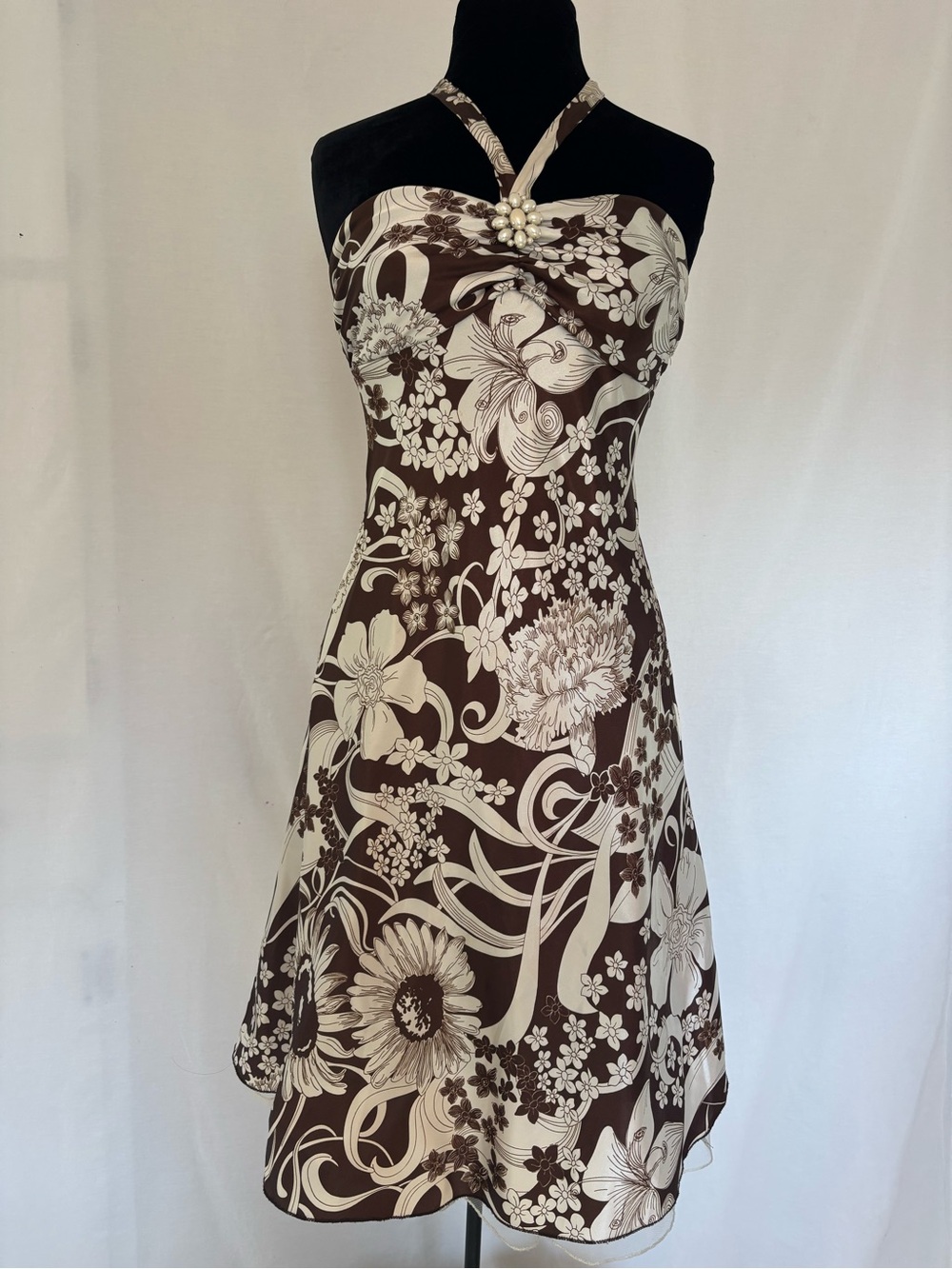 Speechless Brown and Cream Floral Halter Midi Dress
